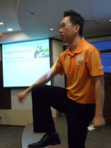 Passionate trainer showing our body power station